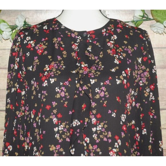 Ann Taylor Ladies Black Floral Long Sleeve Blouse Size S Button Up Ruffle Front - Picture 2 of 10